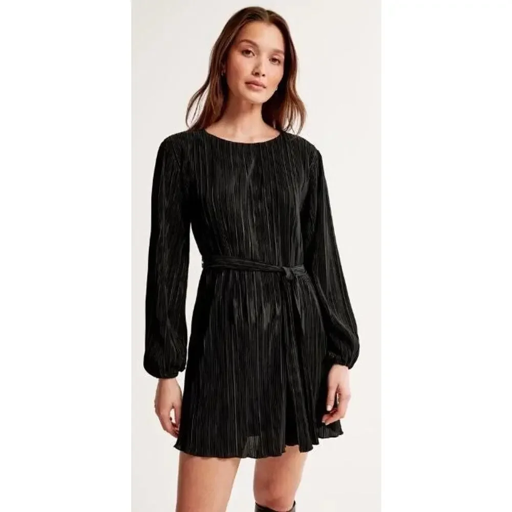 Abercrombie & Fitch Satin Plisse Easy Mini Dress Black - M Petite - Picture 2 of 4